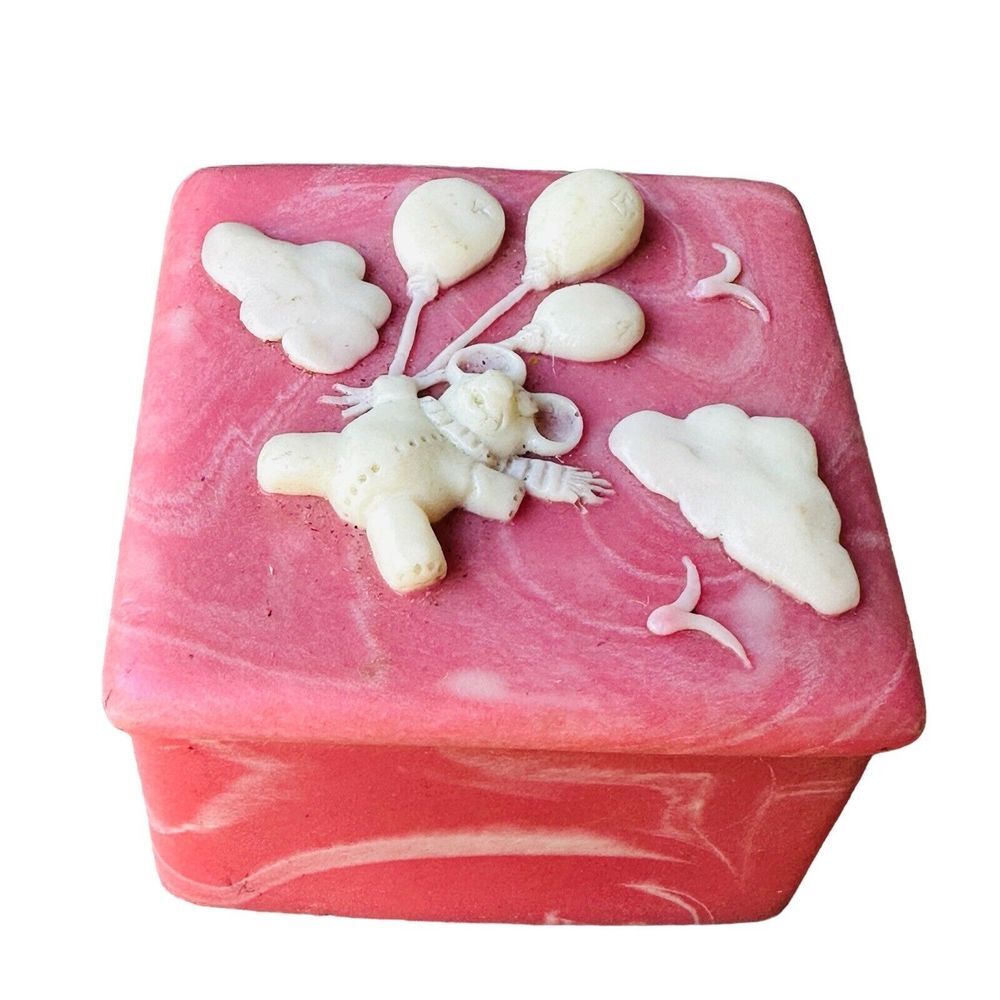 VTG Trinket Jewelry Box Lid 2.375 Inch Incolay Square Teddy Bear Balloons‎ Pink